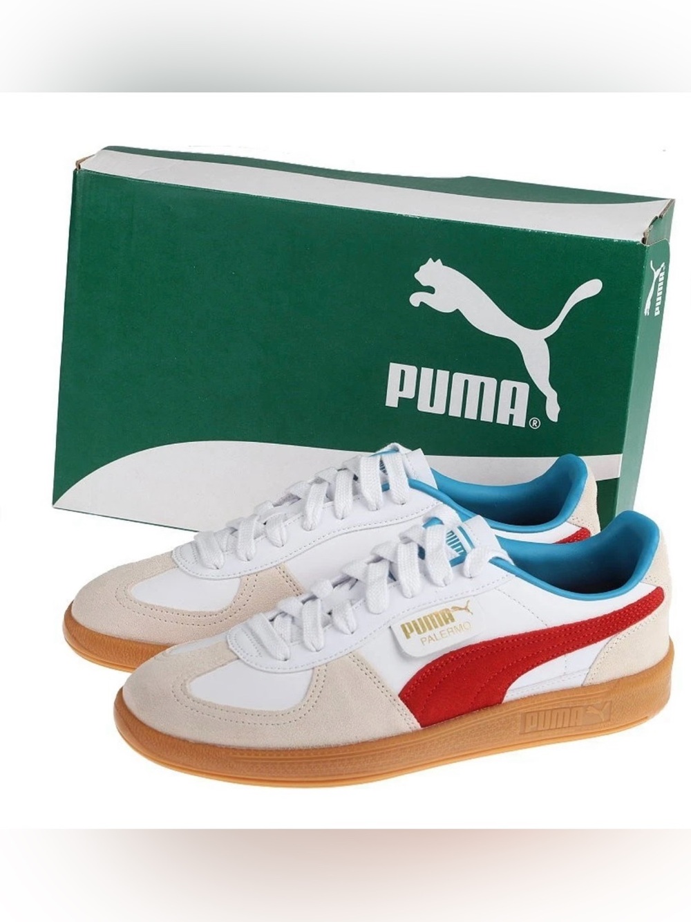 Puma Men's White Red Suede Accent Sneakers with Gum Sole